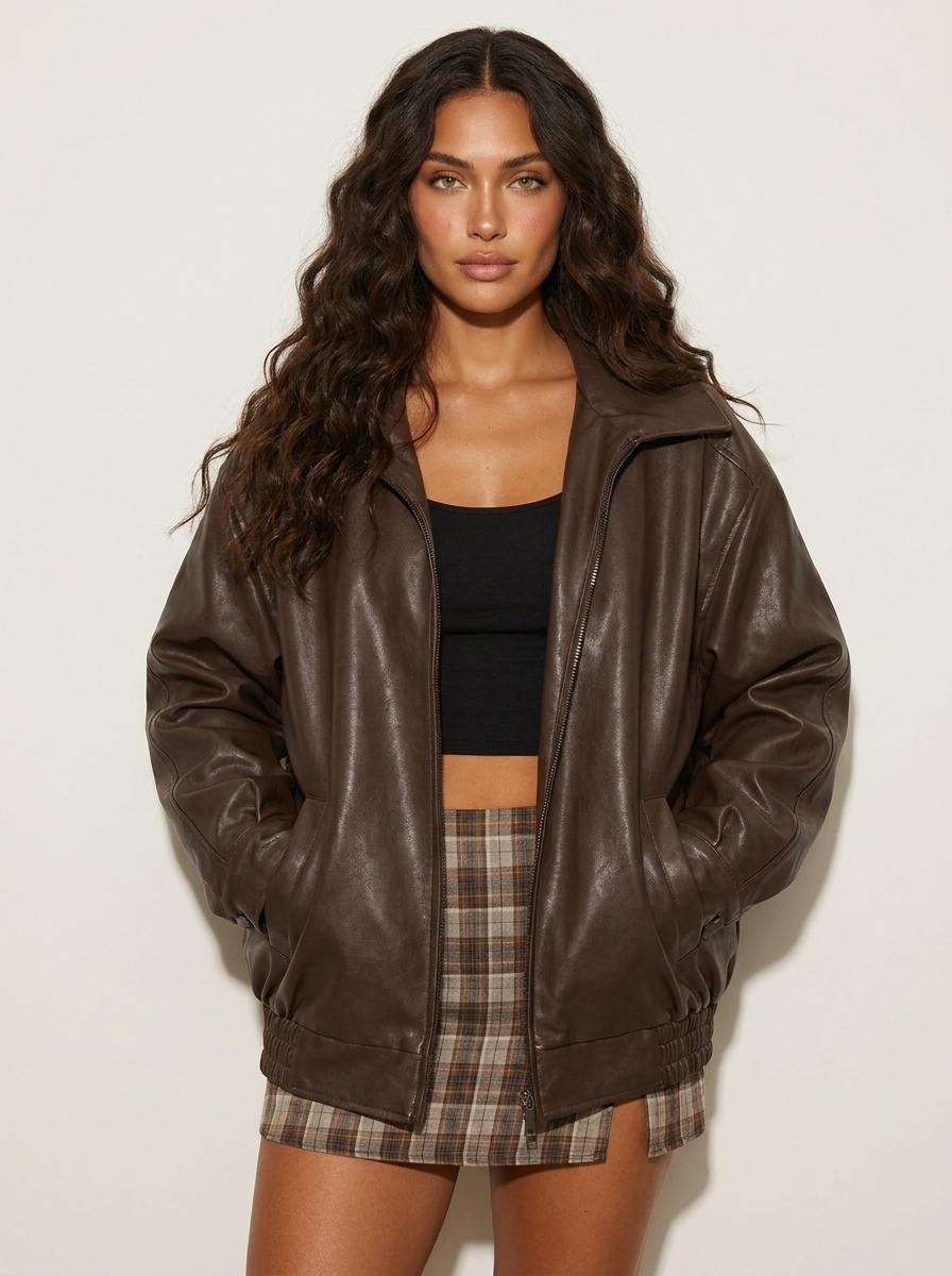 Oversized Faux Leather Bomber Jacket - Stella