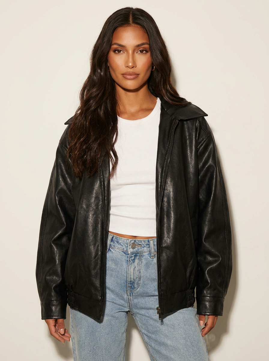 Oversized Faux Leather Bomber Jacket - Stella