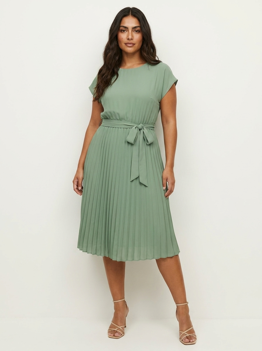 Pleated Midi Dress with Tie Belt - Sophie