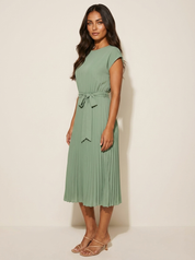 Pleated Midi Dress with Tie Belt - Sophie