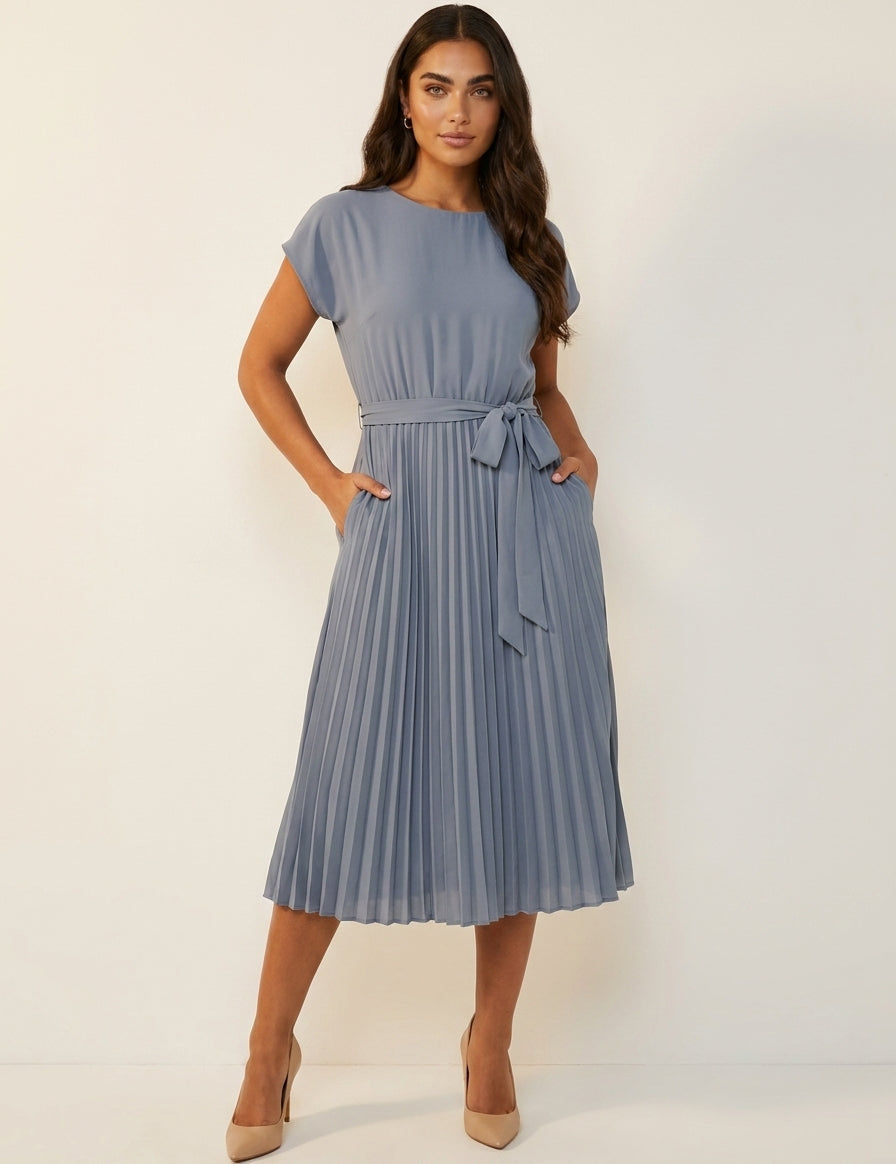 Pleated Midi Dress with Tie Belt - Sophie