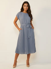 Pleated Midi Dress with Tie Belt - Sophie