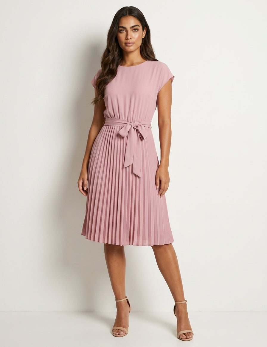 Pleated Midi Dress with Tie Belt - Sophie