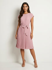 Pleated Midi Dress with Tie Belt - Sophie