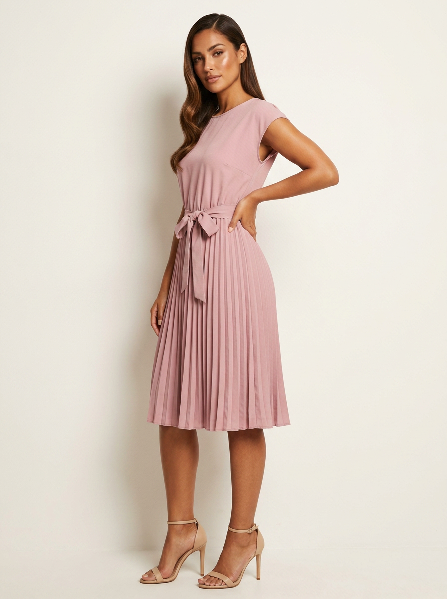 Pleated Midi Dress with Tie Belt - Sophie