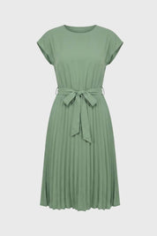 Pleated Midi Dress with Tie Belt - Sophie