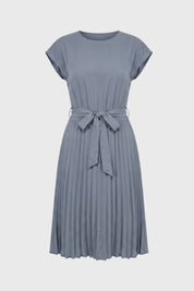 Pleated Midi Dress with Tie Belt - Sophie