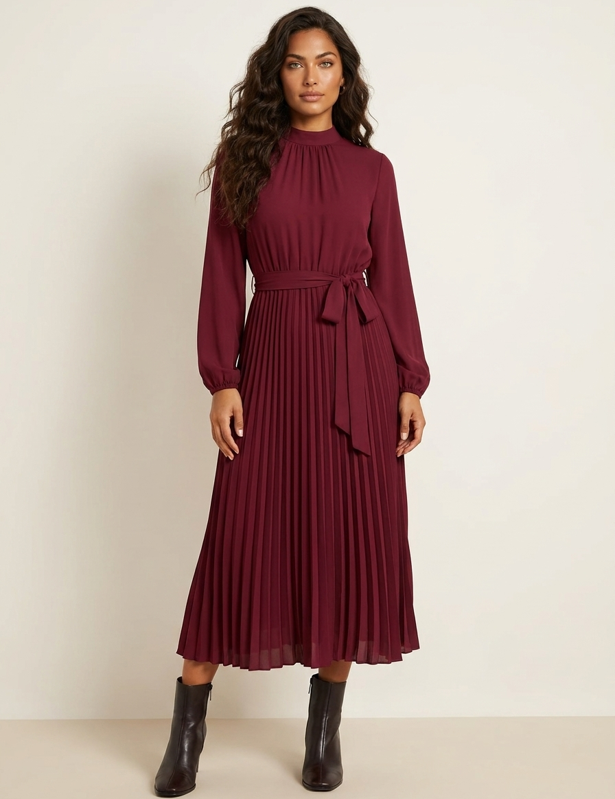 Pleated Midi Dress with Tie Waist - Aurora
