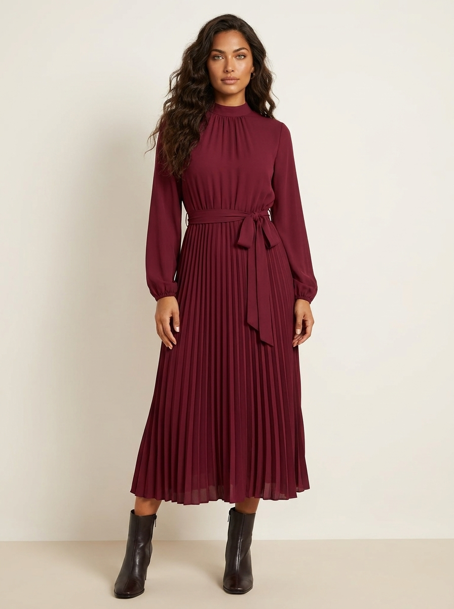 Pleated Midi Dress with Tie Waist - Aurora