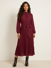 Pleated Midi Dress with Tie Waist - Aurora