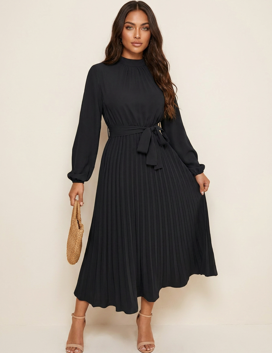 Pleated Midi Dress with Tie Waist - Aurora