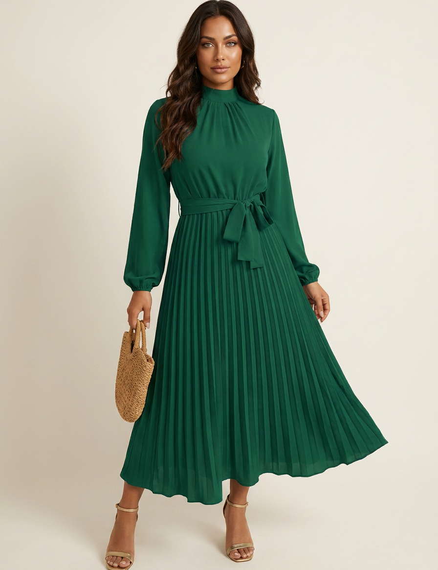 Pleated Midi Dress with Tie Waist - Aurora