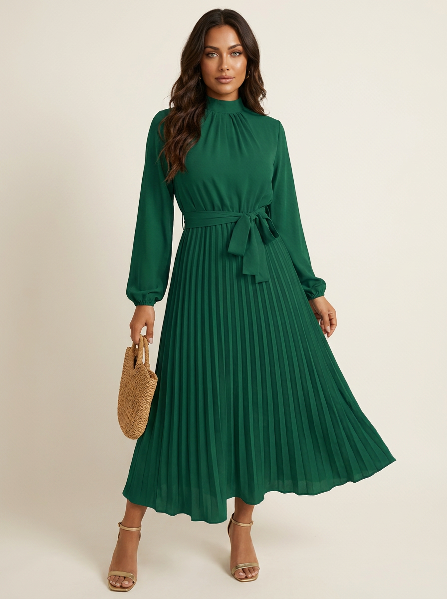 Pleated Midi Dress with Tie Waist - Aurora