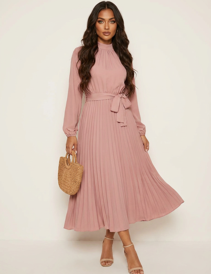 Pleated Midi Dress with Tie Waist - Aurora