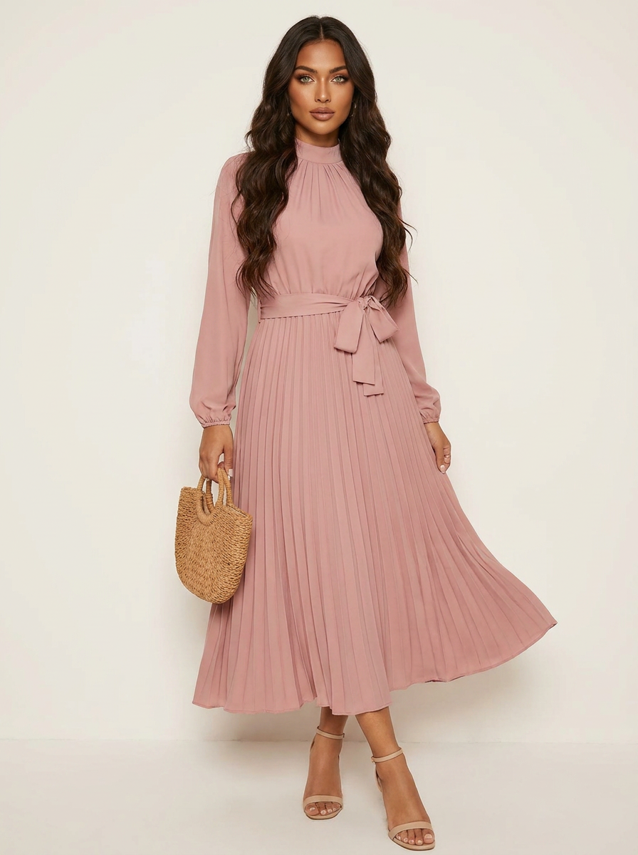Pleated Midi Dress with Tie Waist - Aurora