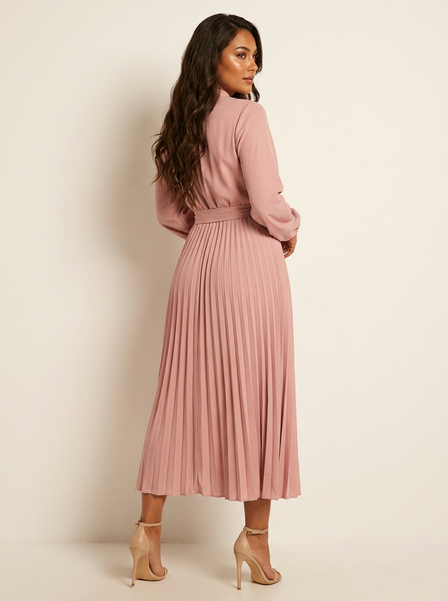 Pleated Midi Dress with Tie Waist - Aurora
