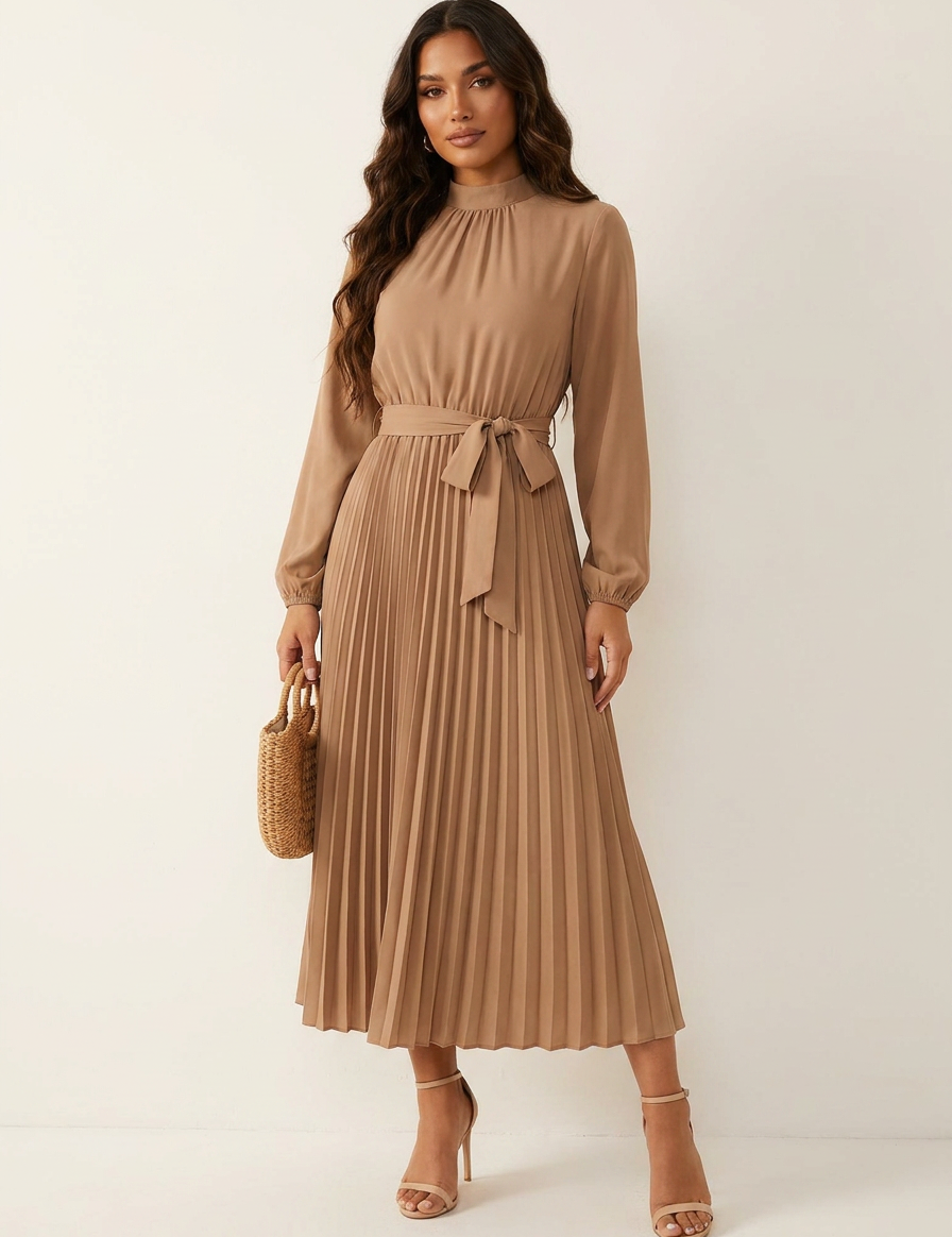 Pleated Midi Dress with Tie Waist - Aurora