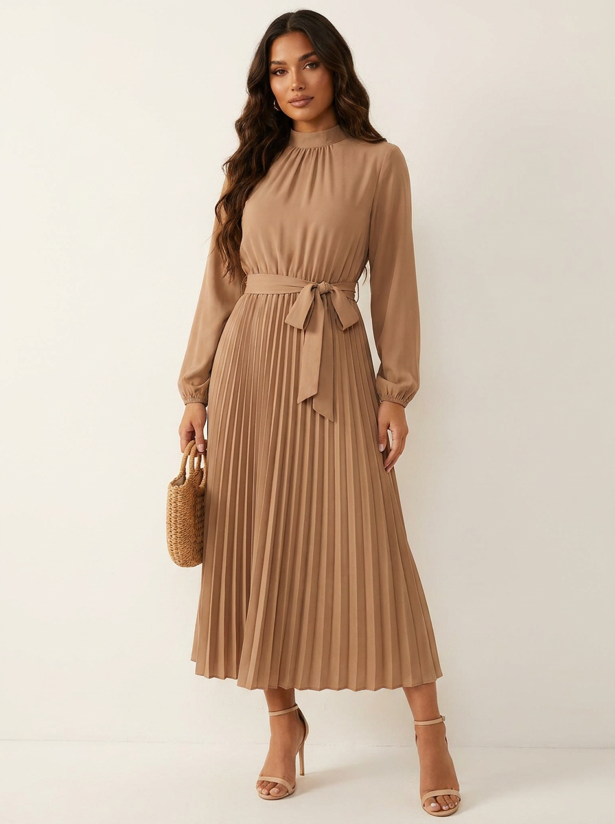 Pleated Midi Dress with Tie Waist - Aurora