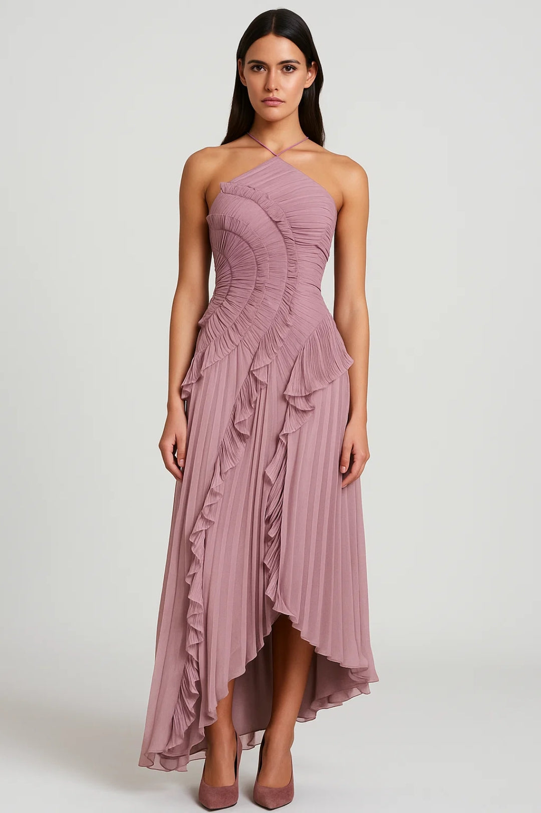 Pleated halter dress with romantic ruffles - Amélie