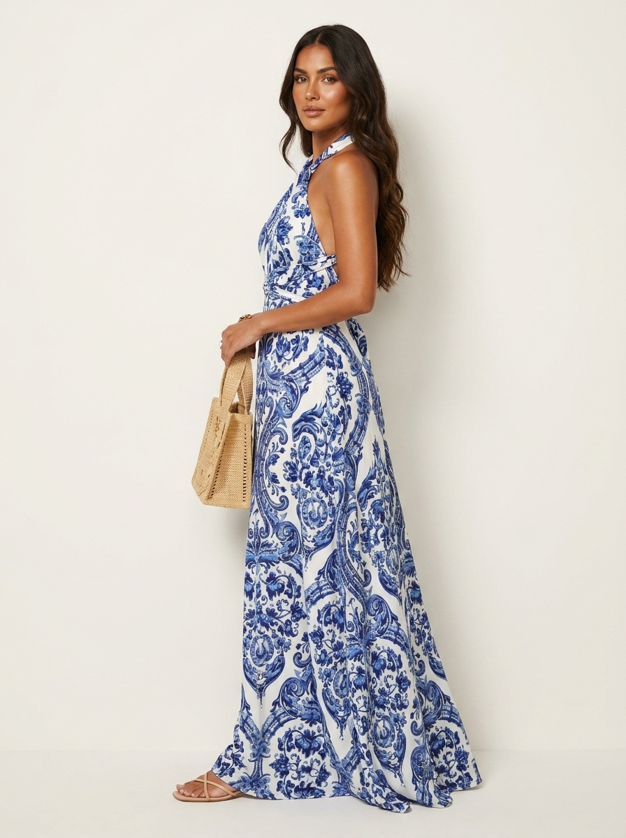 Porcelain Print Halter Maxi Dress - Alyssa