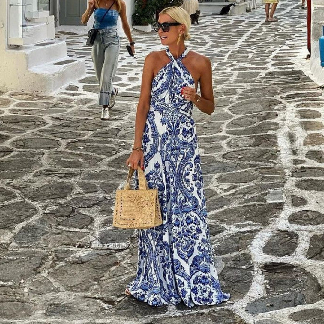 Porcelain Print Halter Maxi Dress - Alyssa