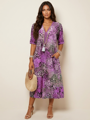 Printed V-Neck Midi Dress - Clara