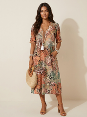 Printed V-Neck Midi Dress - Clara