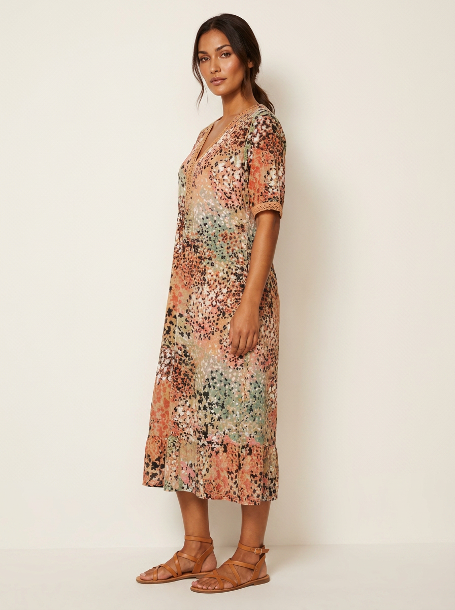 Printed V-Neck Midi Dress - Clara