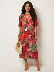Printed V-Neck Midi Dress - Clara