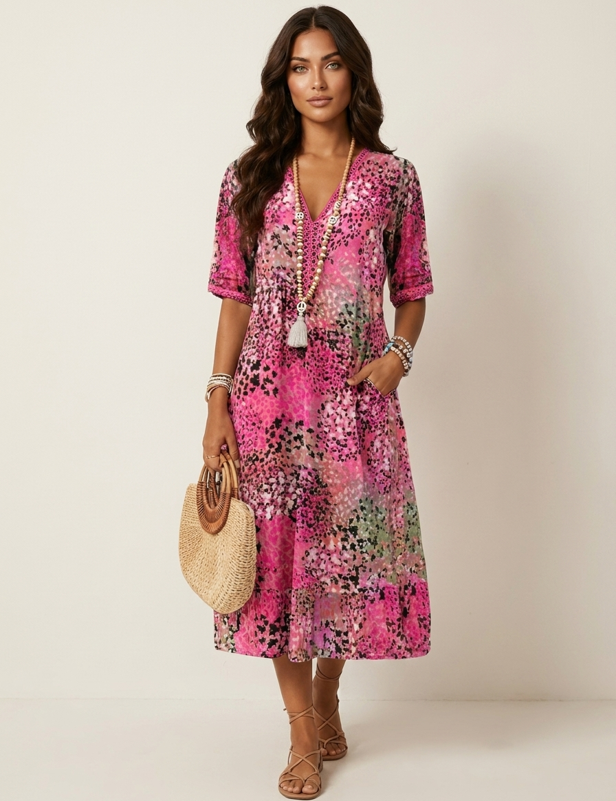 Printed V-Neck Midi Dress - Clara