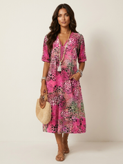Printed V-Neck Midi Dress - Clara