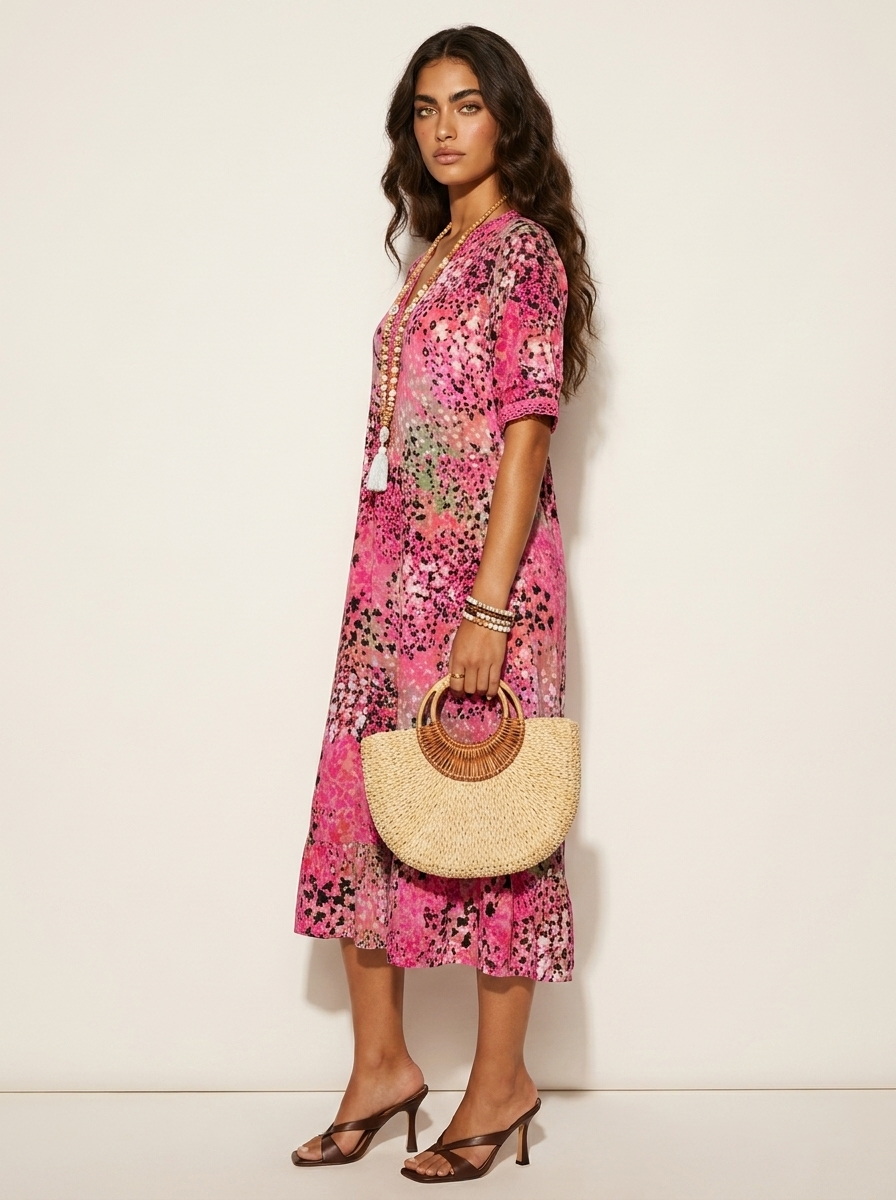 Printed V-Neck Midi Dress - Clara