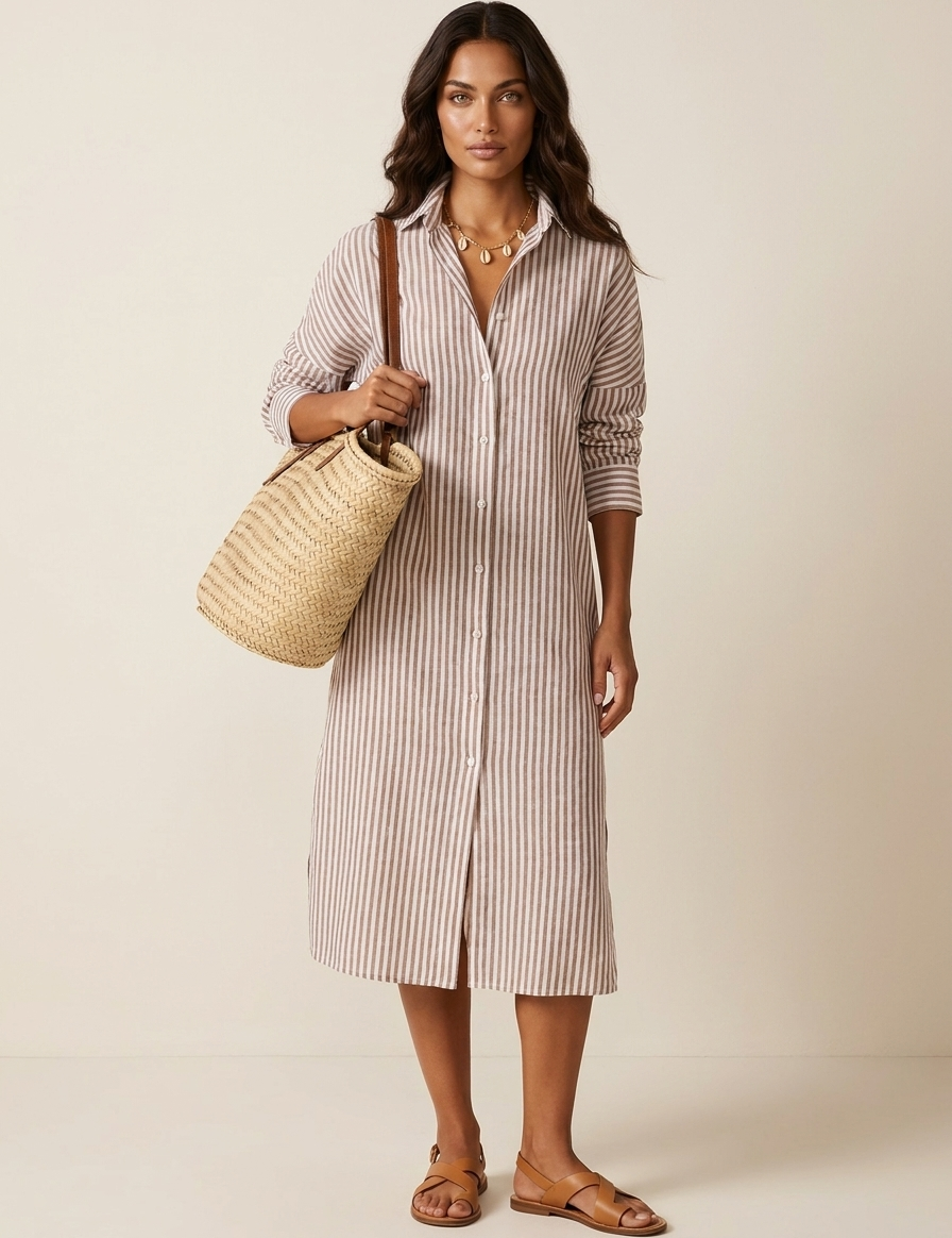 Relaxed Striped Midi Shirt Dress - Olivia