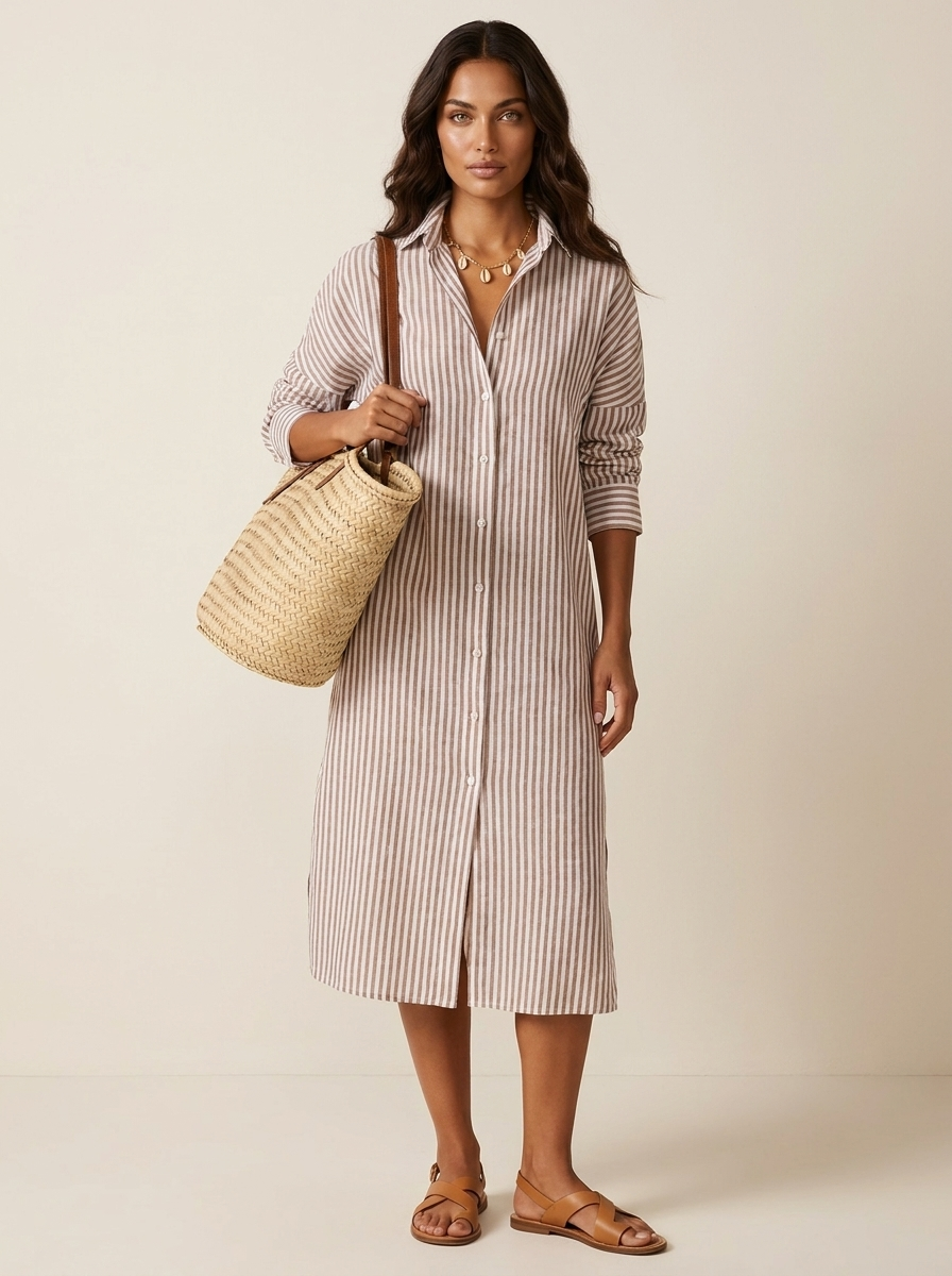 Relaxed Striped Midi Shirt Dress - Olivia