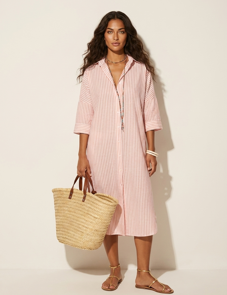 Relaxed Striped Midi Shirt Dress - Olivia