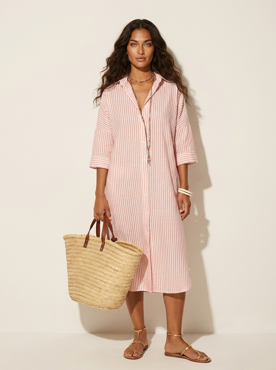 Relaxed Striped Midi Shirt Dress - Olivia