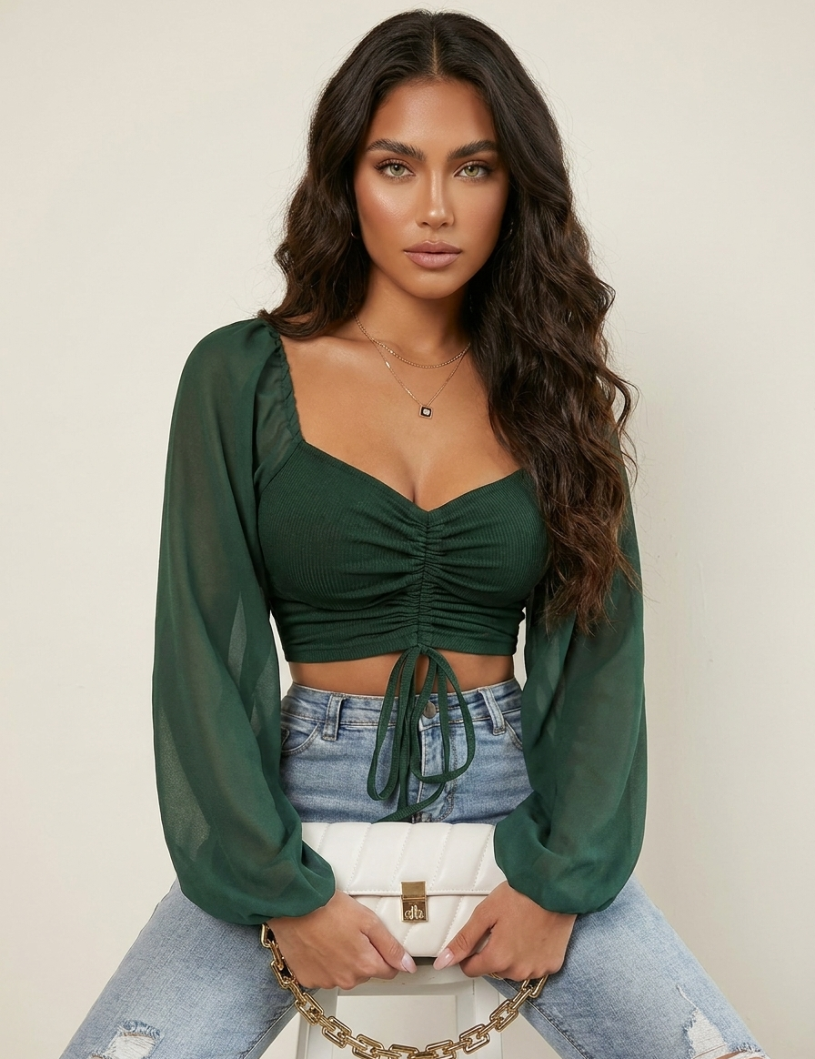 Ruched Puff Sleeve Crop Top - Aveline