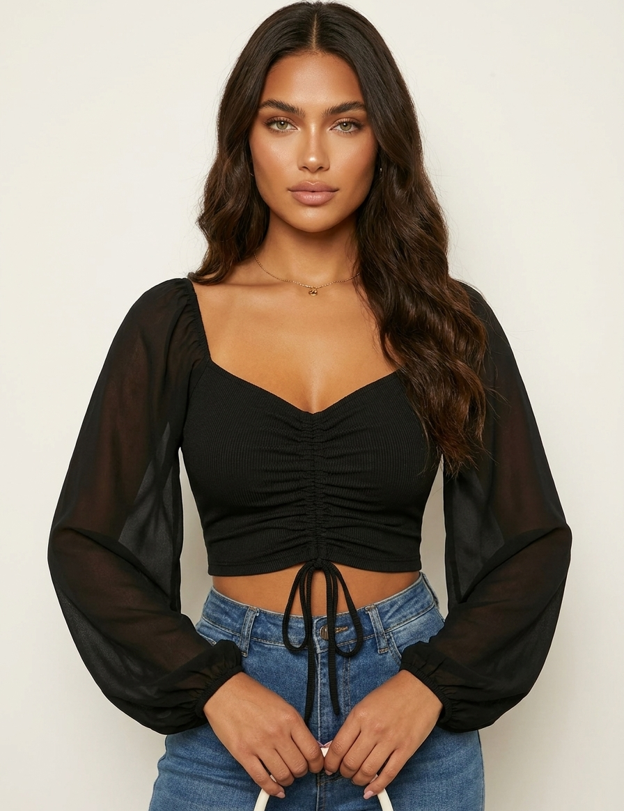 Ruched Puff Sleeve Crop Top - Aveline
