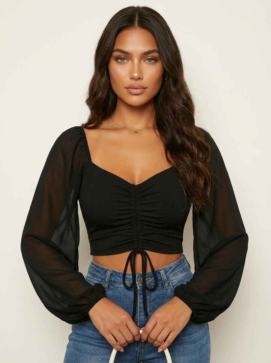 Ruched Puff Sleeve Crop Top - Aveline