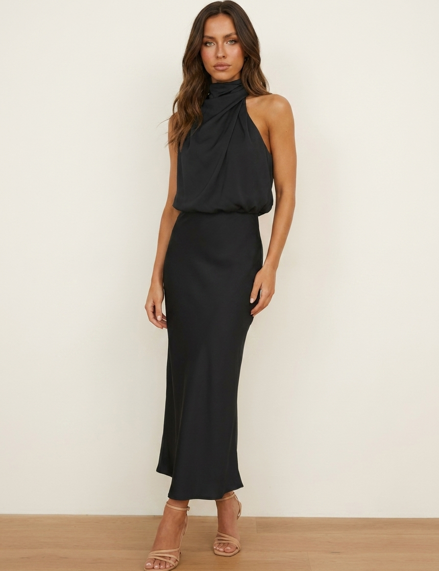 Satin Halter Midi Dress - Amara