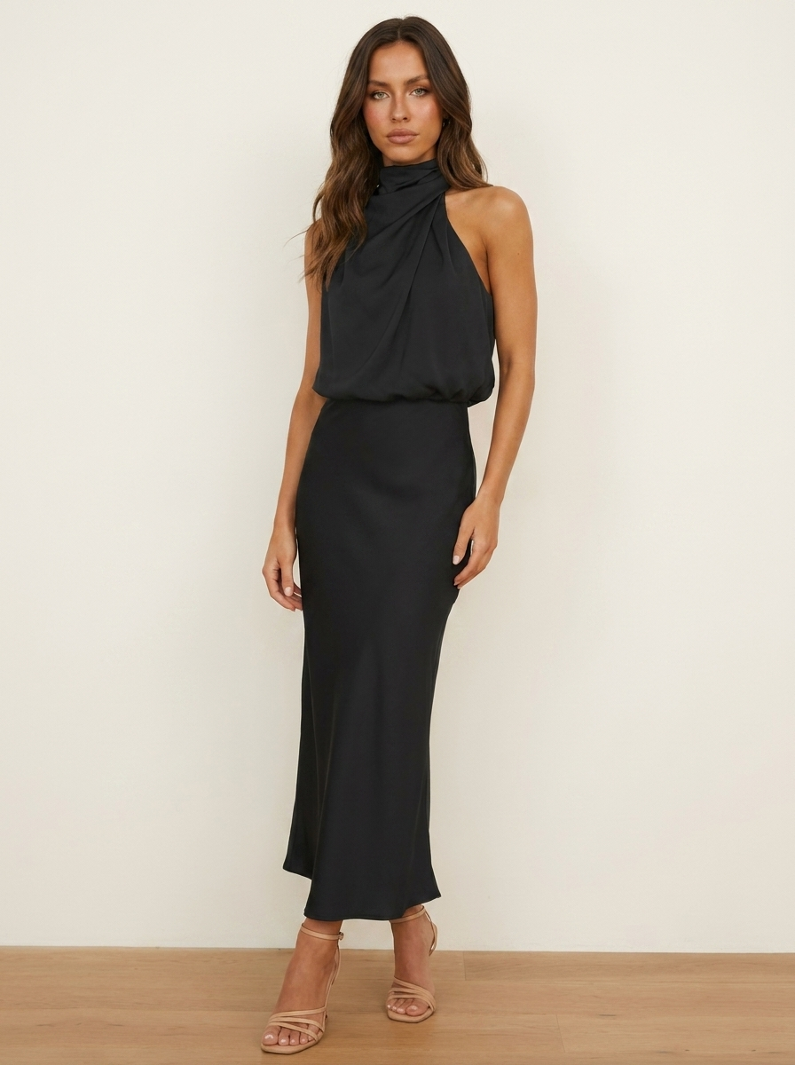 Satin Halter Midi Dress - Amara
