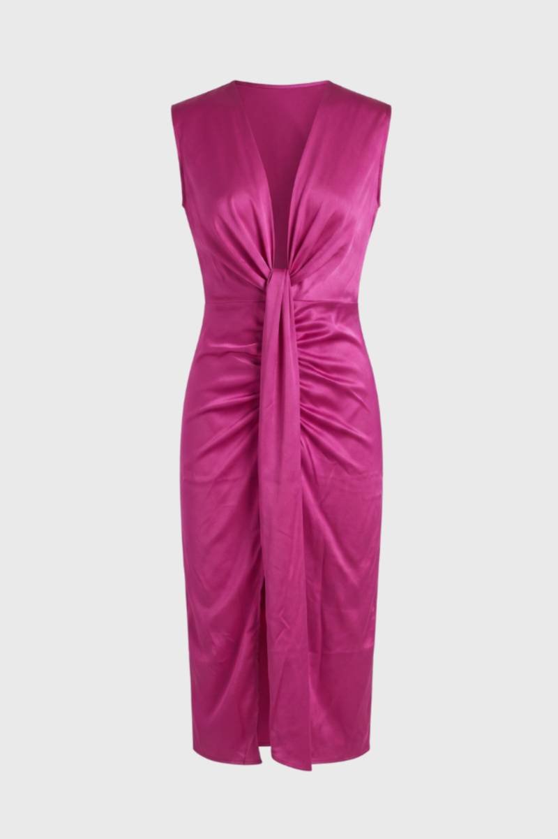 Satin Midi Dress with Deep V-Neck - Valentina