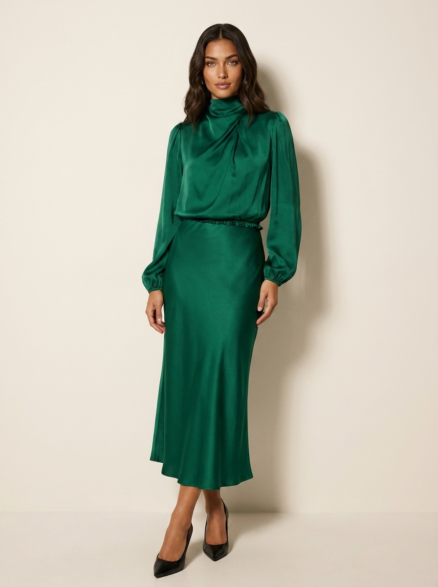 Satin Midi Dress with High Neck - Viviane