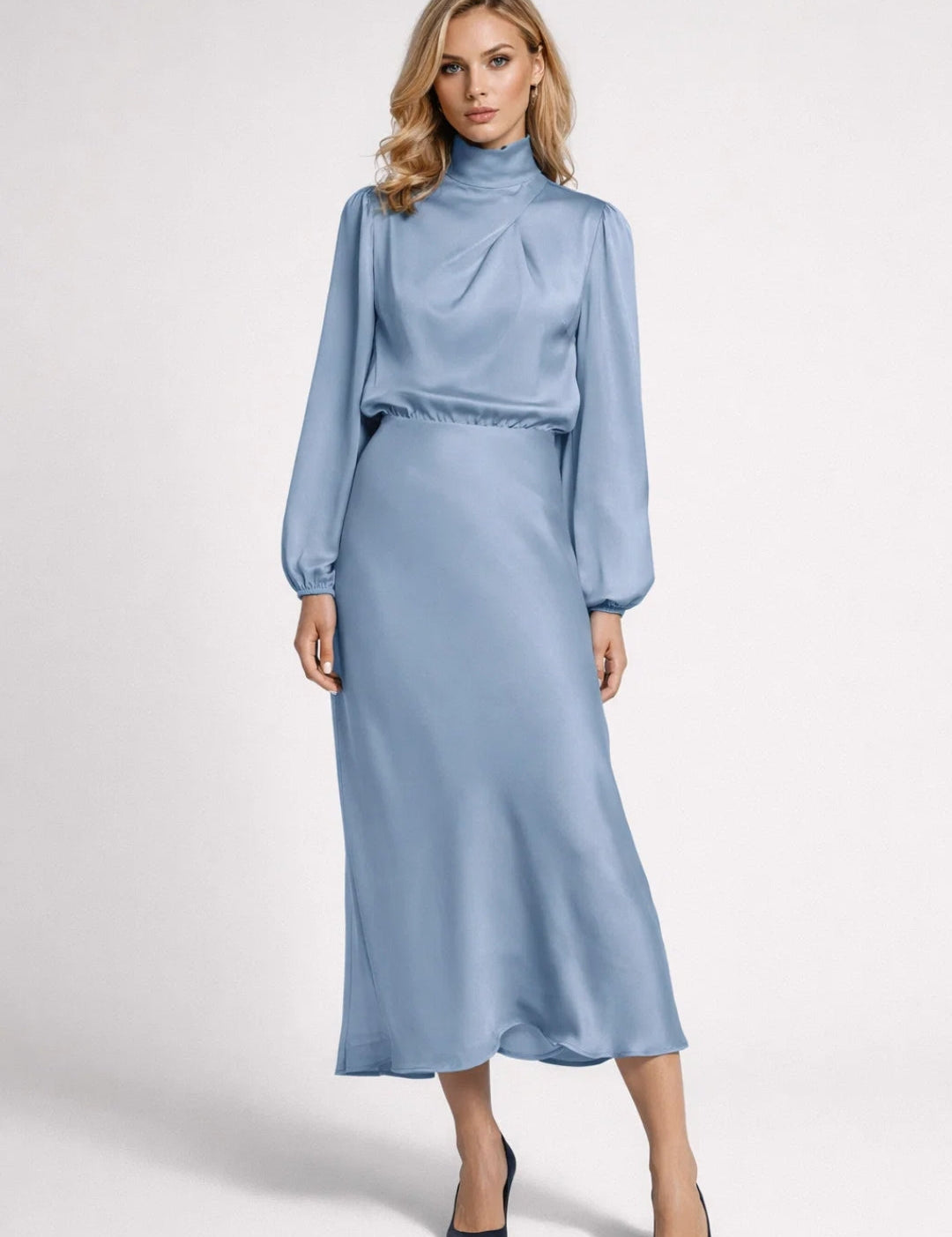 Satin Midi Dress with High Neck - Viviane