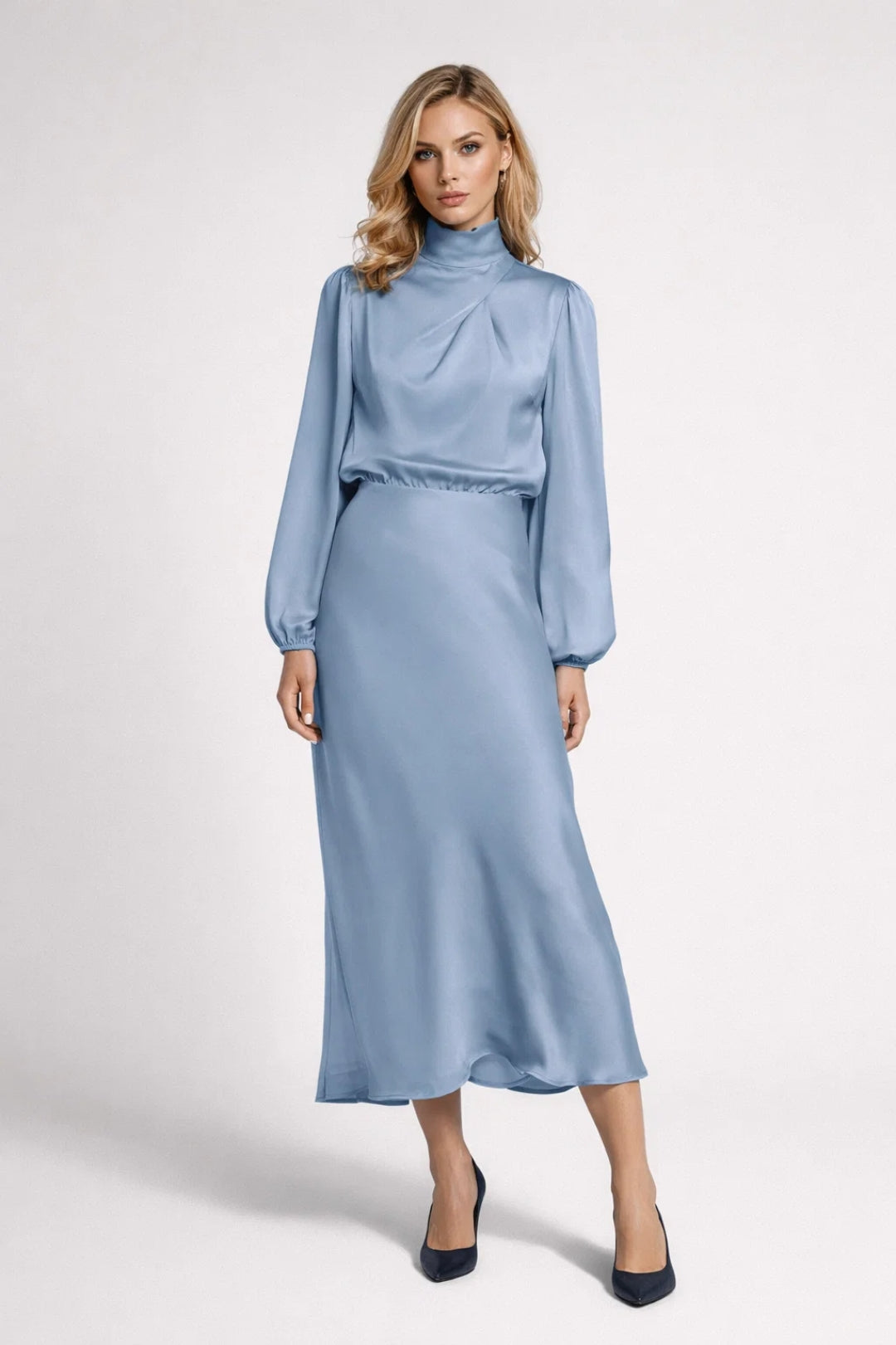 Satin Midi Dress with High Neck - Viviane
