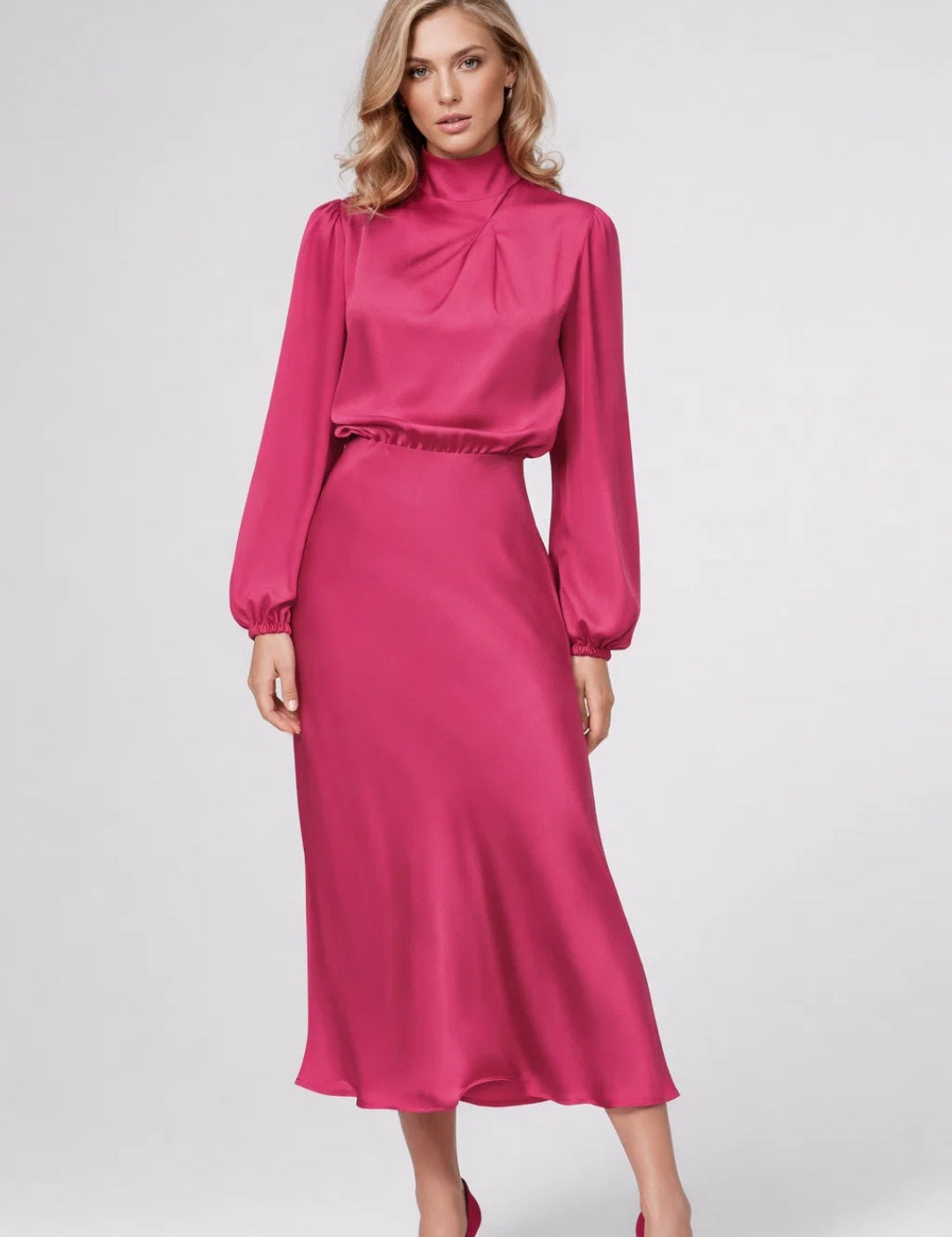 Satin Midi Dress with High Neck - Viviane