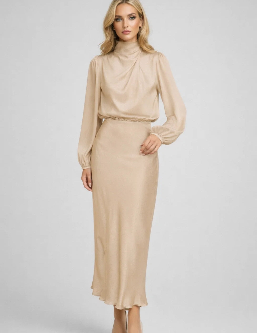 Satin Midi Dress with High Neck - Viviane
