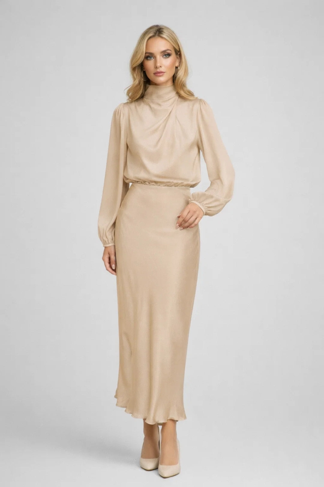 Satin Midi Dress with High Neck - Viviane