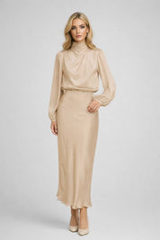 Satin Midi Dress with High Neck - Viviane