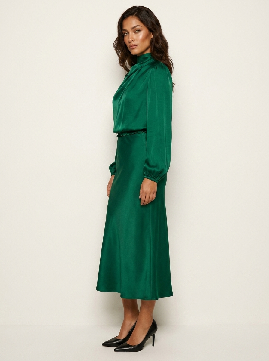 Satin Midi Dress with High Neck - Viviane
